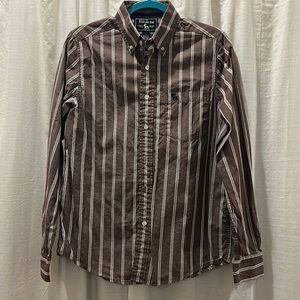 Atakoka Bay button down shirt, size small. Brown with white stripe